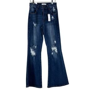 NWT Rue21 Flare Jeans Juniors 3 Dark Wash Distressed Stretch Retro 90s Skater